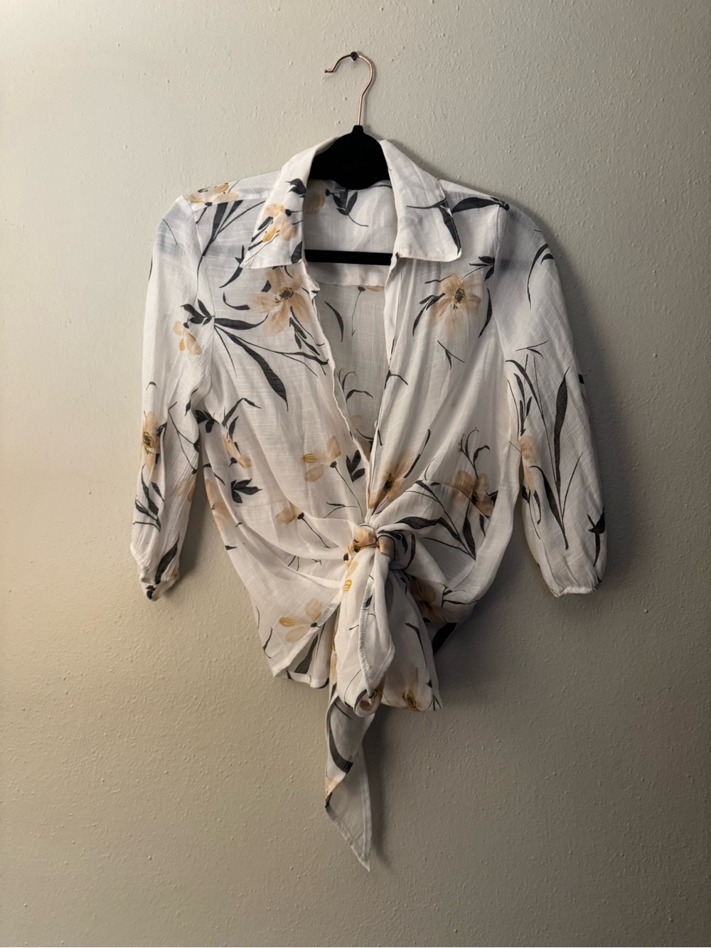 White Floral Tie-Front Blouse with Soft Yellow Blooms